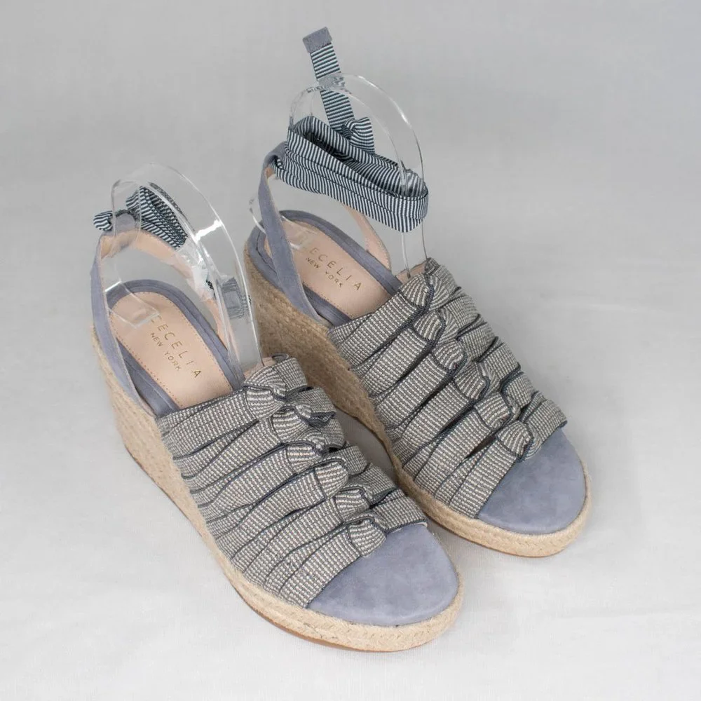 Cecelia New York Serena Off Denim Faded Jeans Espadrille Wedge‎ Platform Sandals